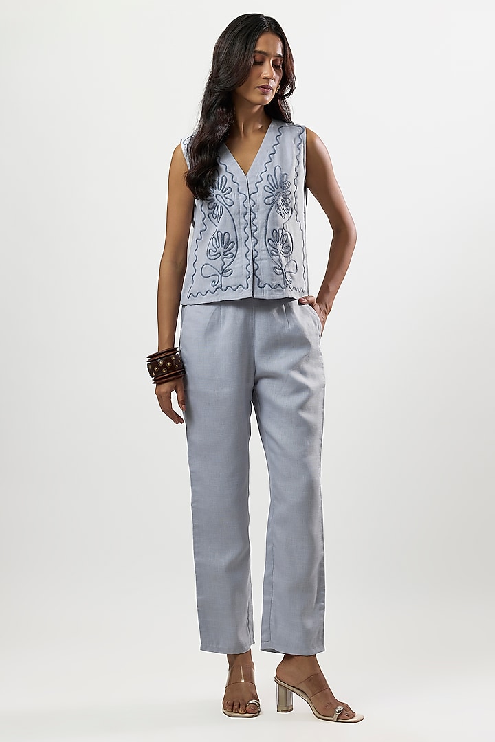 Blue Linen Blend Embroidered Co-Ord Set by Linera at Pernia's Pop Up Shop