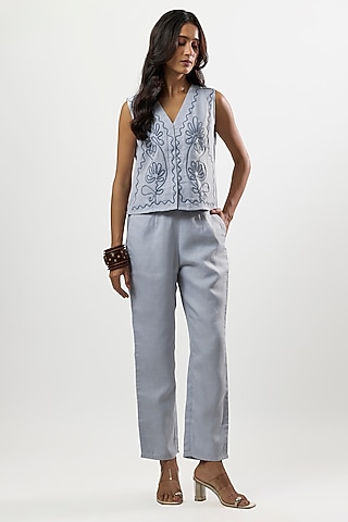 Blue Linen Blend Embroidered Co-Ord Set by Linera