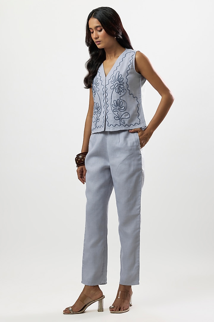 Blue Linen Blend Embroidered Co-Ord Set by Linera at Pernia's Pop Up Shop
