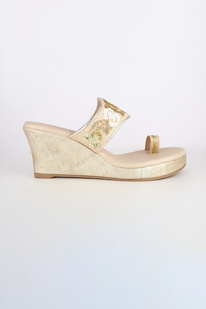 Golden Embroidered Platform Wedges by Leonish By Nidhi Sheth at Pernia's Pop Up Shop