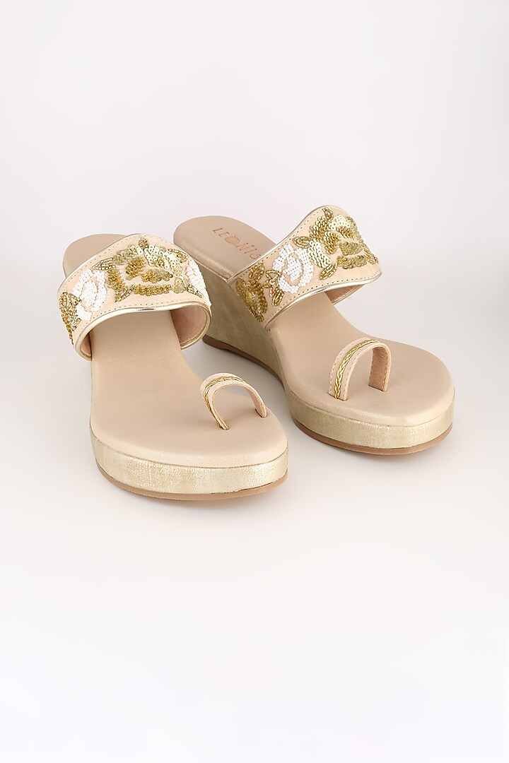 Golden Embroidered Platform Wedges by Leonish By Nidhi Sheth at Pernia's Pop Up Shop