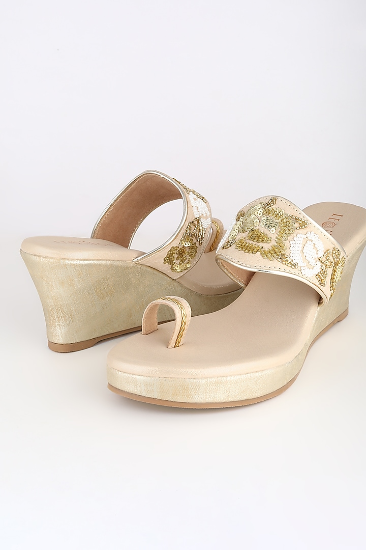 Golden Embroidered Platform Wedges by Leonish By Nidhi Sheth at Pernia's Pop Up Shop
