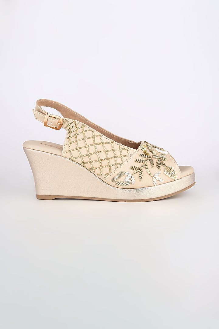 Light Golden Embellished Platform Wedges by Leonish By Nidhi Sheth at Pernia's Pop Up Shop