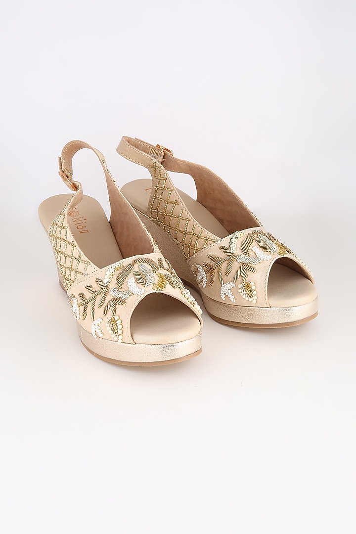 Light Golden Embellished Platform Wedges by Leonish By Nidhi Sheth at Pernia's Pop Up Shop