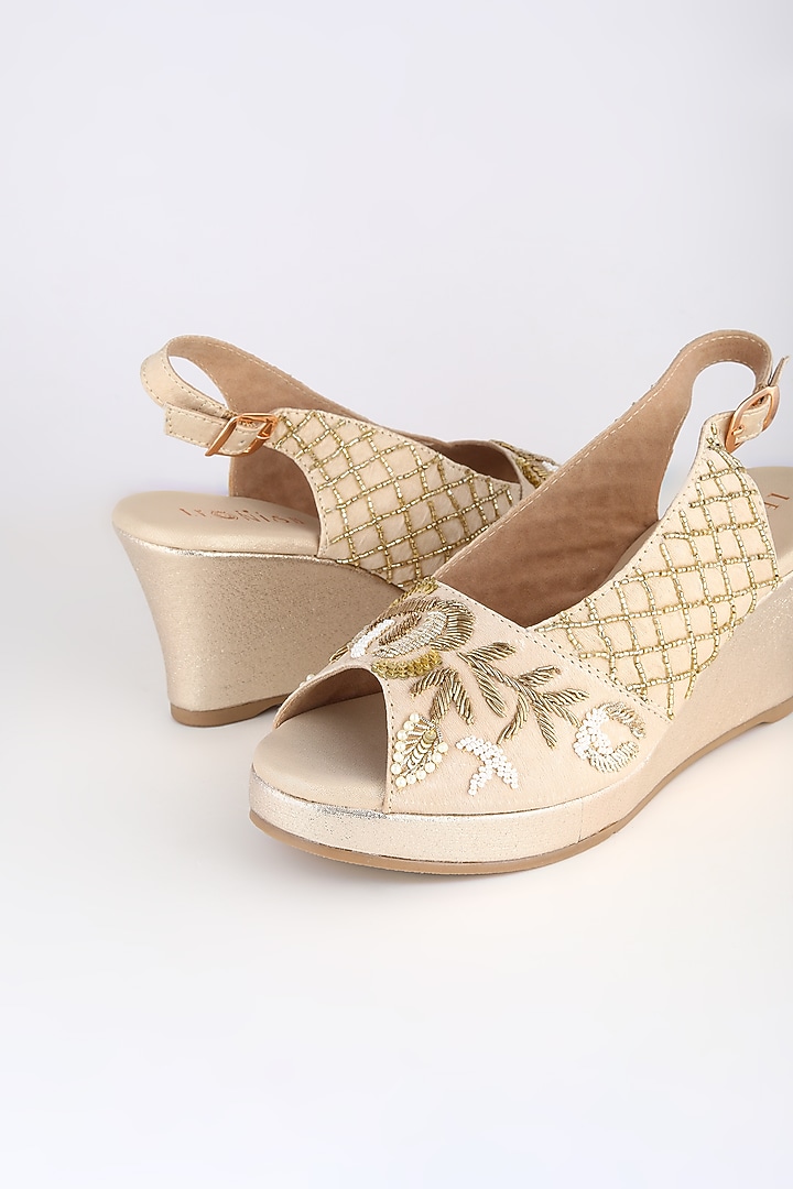 Light Golden Embellished Platform Wedges by Leonish By Nidhi Sheth at Pernia's Pop Up Shop