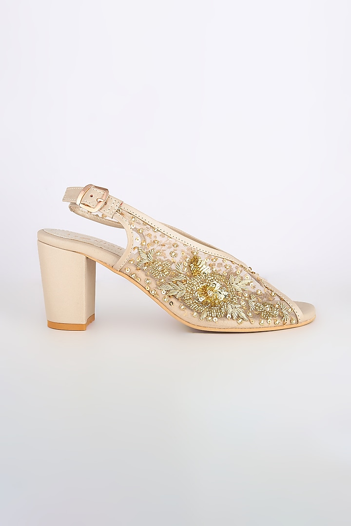 Light Gold Embroidered Block Heels by Leonish By Nidhi Sheth at Pernia's Pop Up Shop
