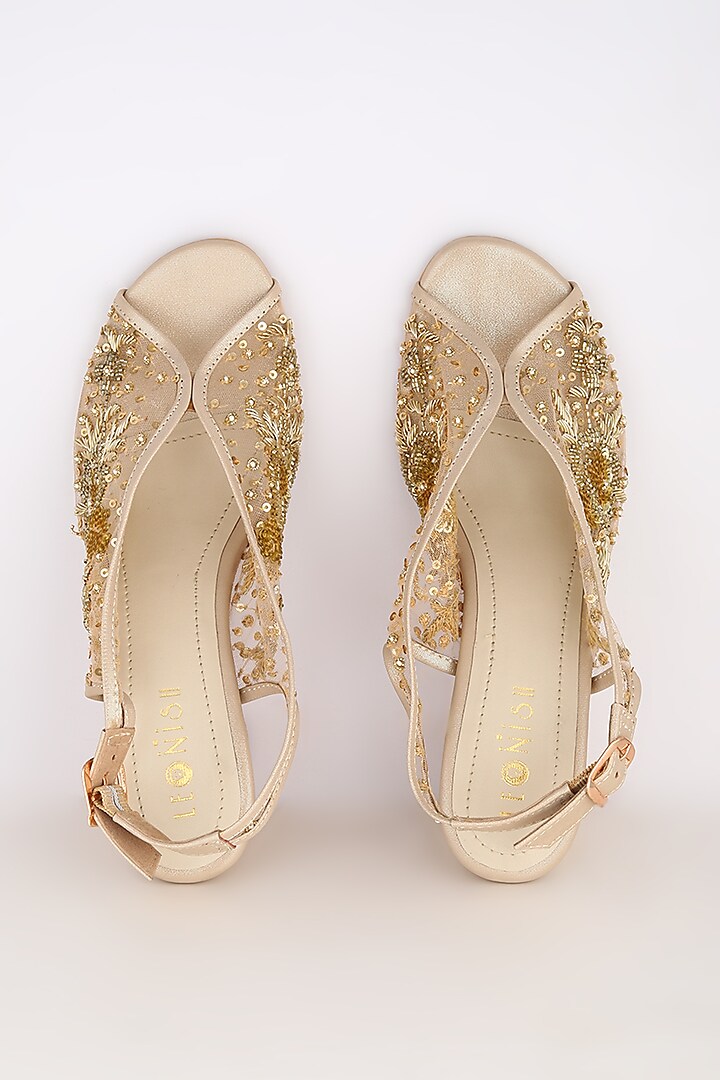 Light Gold Embroidered Block Heels by Leonish By Nidhi Sheth