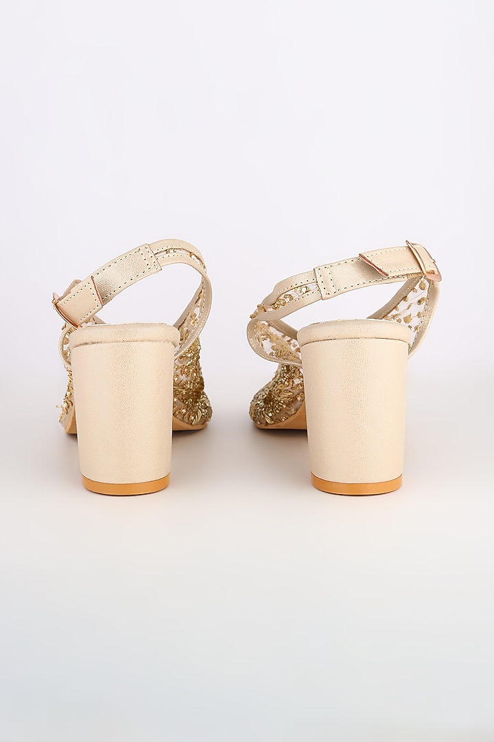 Light Gold Embroidered Block Heels by Leonish By Nidhi Sheth at Pernia's Pop Up Shop