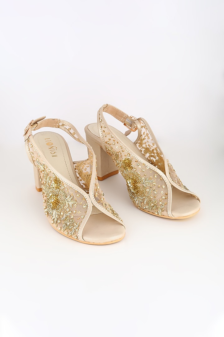 Light Gold Embroidered Block Heels by Leonish By Nidhi Sheth at Pernia's Pop Up Shop