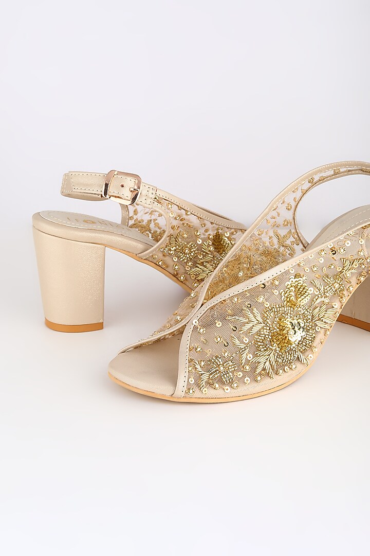Light Gold Embroidered Block Heels by Leonish By Nidhi Sheth at Pernia's Pop Up Shop