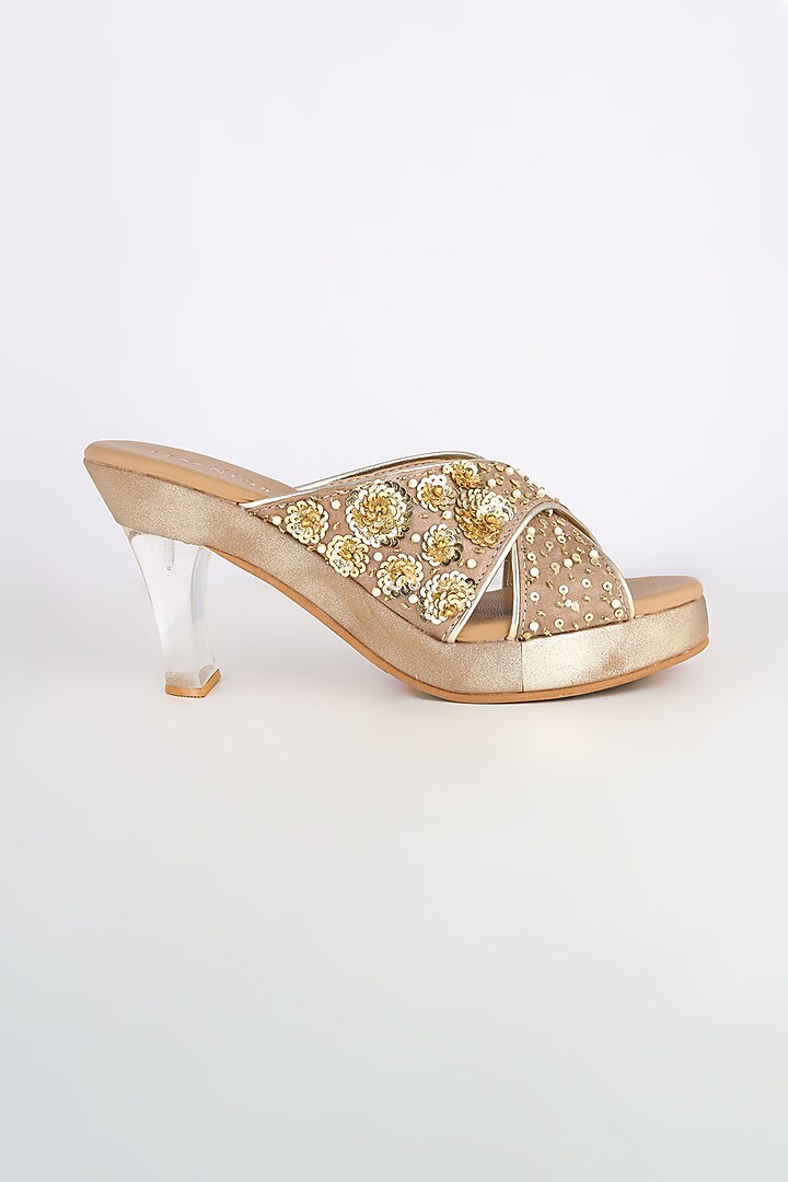 Light Brown Embroidered Acrylic Platform Heels by Leonish By Nidhi Sheth at Pernia's Pop Up Shop