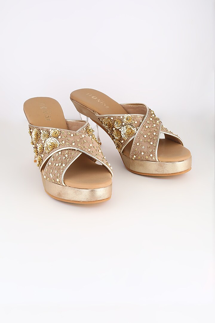 Light Brown Embroidered Acrylic Platform Heels by Leonish By Nidhi Sheth at Pernia's Pop Up Shop