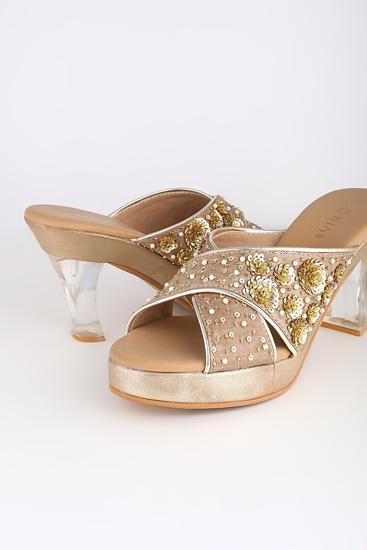 Light Brown Embroidered Acrylic Platform Heels by Leonish By Nidhi Sheth at Pernia's Pop Up Shop