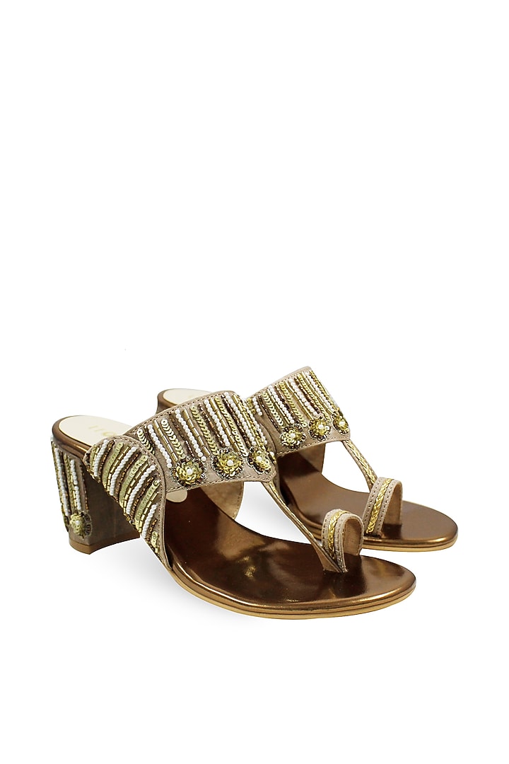 Light Coffee Hand Embroidered Kolhapuri Block Heels by Leonish By Nidhi Sheth at Pernia's Pop Up Shop