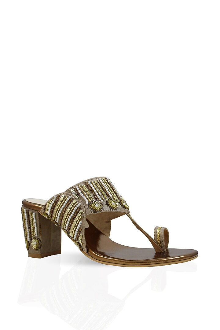 Light Coffee Hand Embroidered Kolhapuri Block Heels by Leonish By Nidhi Sheth at Pernia's Pop Up Shop