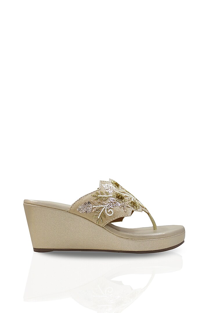 Golden Hand Embroidered Wedges by Leonish By Nidhi Sheth at Pernia's Pop Up Shop