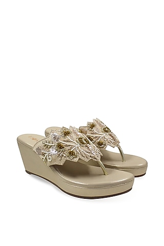 Golden Hand Embroidered Wedges by Leonish By Nidhi Sheth