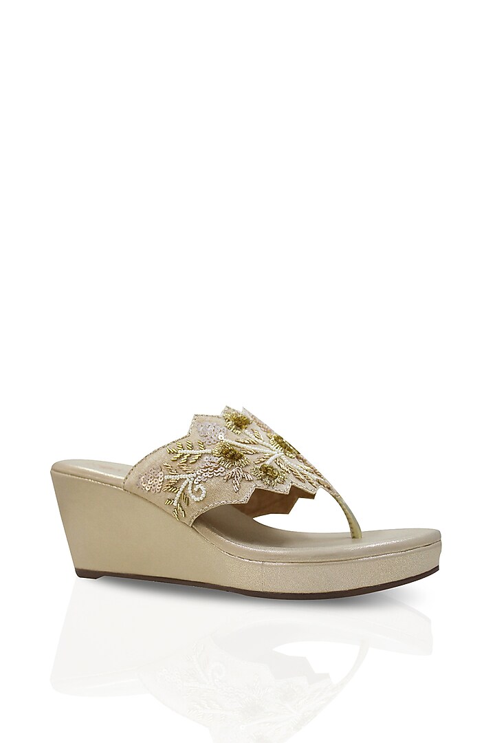 Golden Hand Embroidered Wedges by Leonish By Nidhi Sheth at Pernia's Pop Up Shop