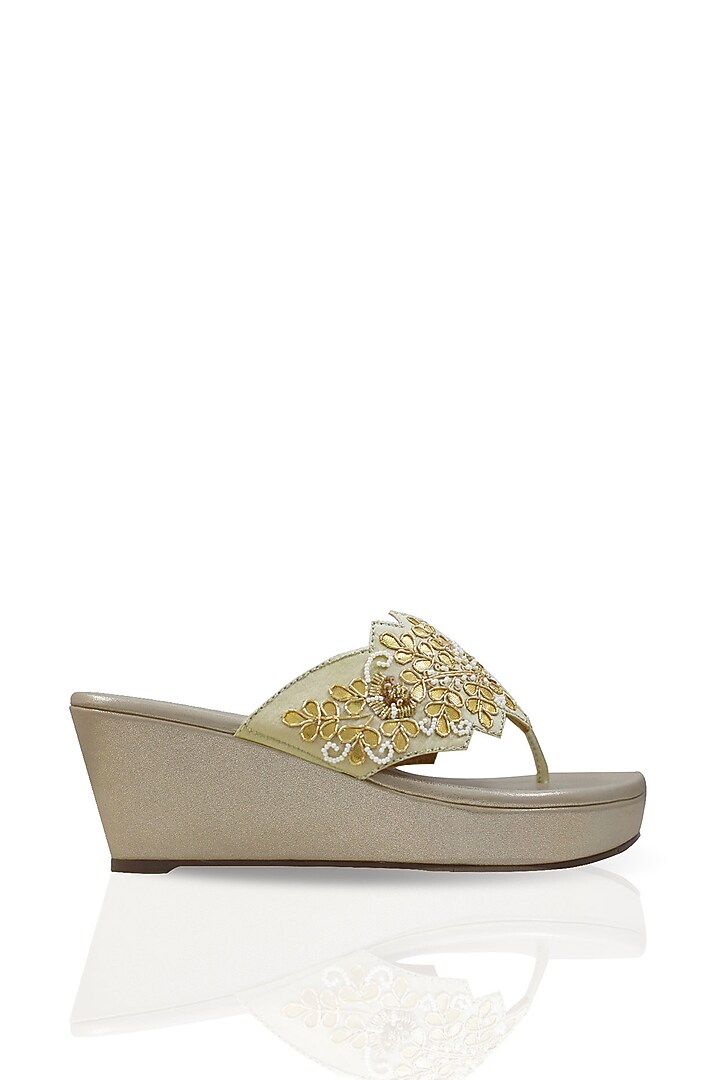 Gold Hand Embroidered Wedges by Leonish By Nidhi Sheth at Pernia's Pop Up Shop
