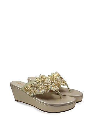 Gold Hand Embroidered Wedges by Leonish By Nidhi Sheth