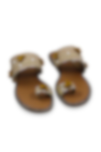 Beige Hand Embroidered Flats by Leonish By Nidhi Sheth at Pernia's Pop Up Shop