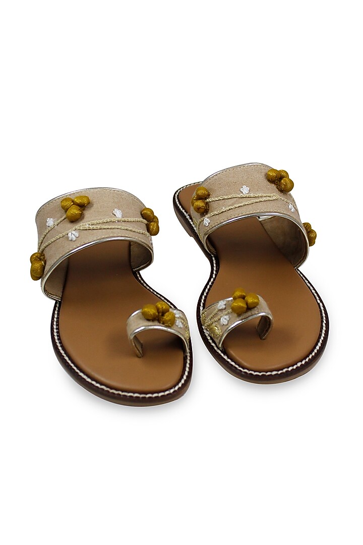 Beige Hand Embroidered Flats by Leonish By Nidhi Sheth at Pernia's Pop Up Shop