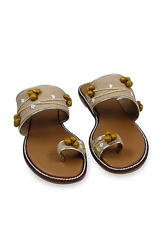 Beige Hand Embroidered Flats by Leonish By Nidhi Sheth