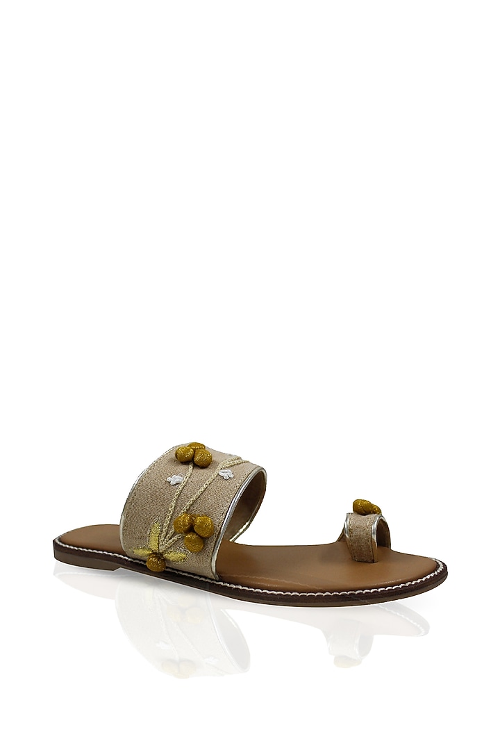 Beige Hand Embroidered Flats by Leonish By Nidhi Sheth at Pernia's Pop Up Shop