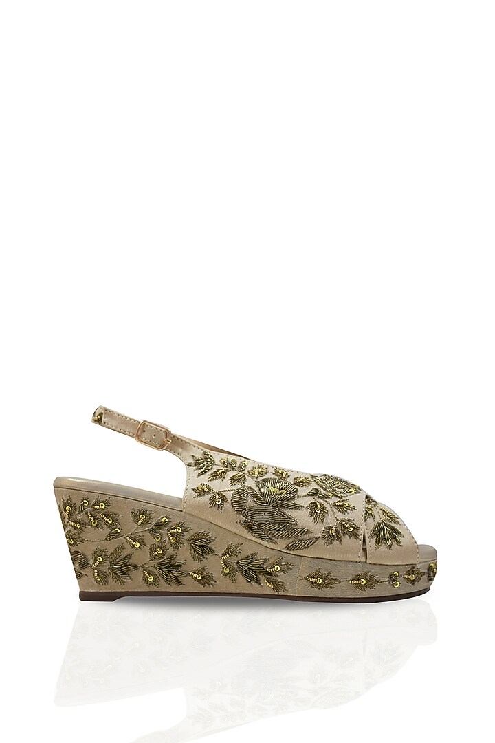 Light Golden Hand Embroidered Wedges by Leonish By Nidhi Sheth at Pernia's Pop Up Shop