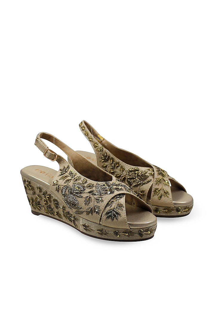 Light Golden Hand Embroidered Wedges by Leonish By Nidhi Sheth
