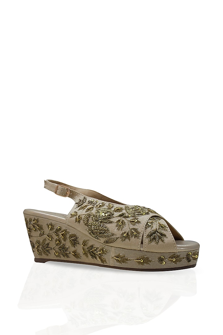 Light Golden Hand Embroidered Wedges by Leonish By Nidhi Sheth at Pernia's Pop Up Shop