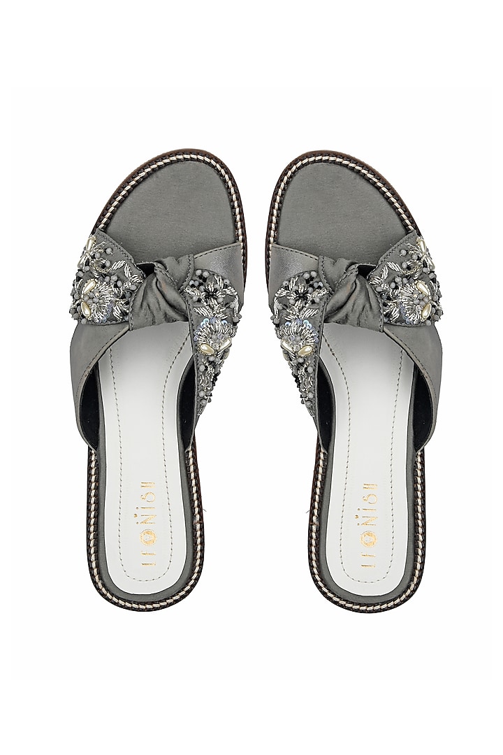 Grey & Silver Hand Embroidered Flats by Leonish By Nidhi Sheth