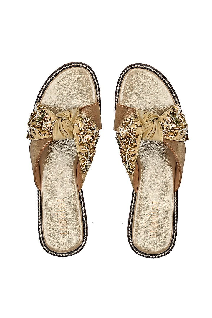 Gold Pearl Hand Embroidered Flats by Leonish By Nidhi Sheth
