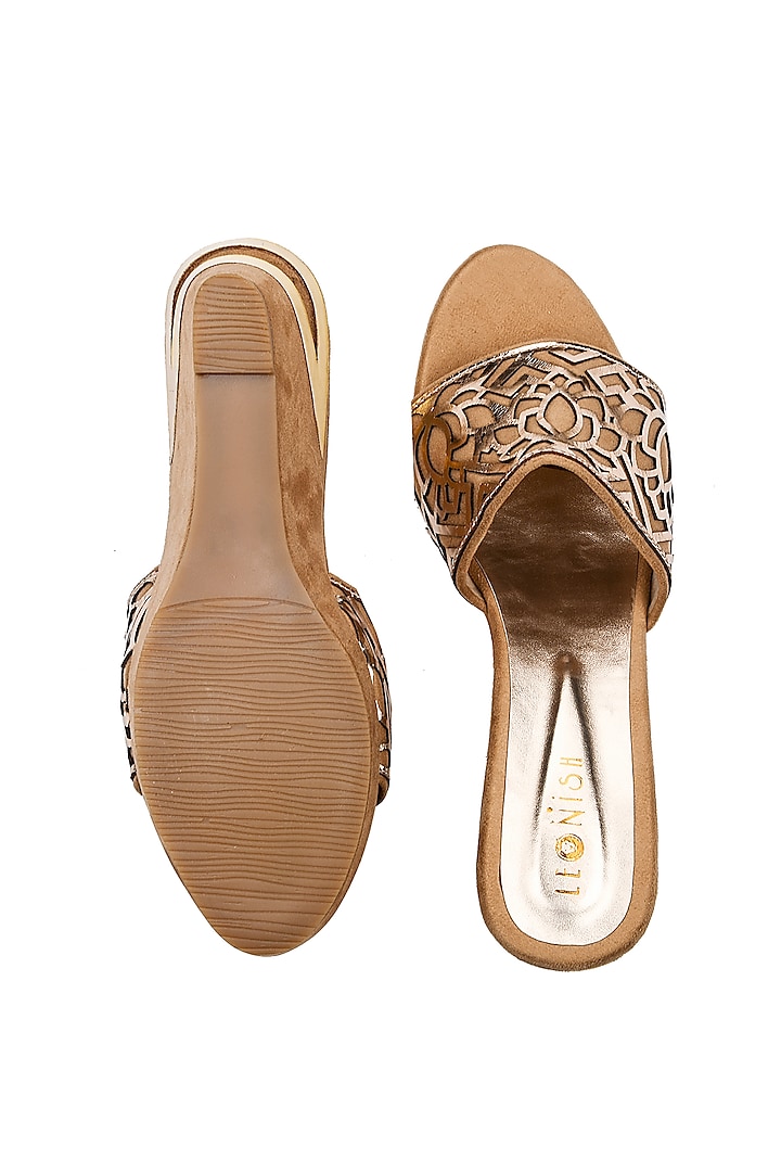 Rose Golden & Nude Hand Embroidered Laser Cut Wedges by Leonish By Nidhi Sheth