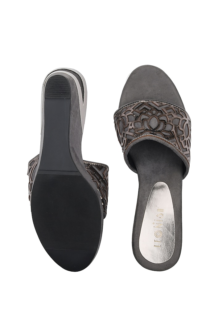 Gunmetal Hand Embroidered Floral Laser Cut Wedges by Leonish By Nidhi Sheth