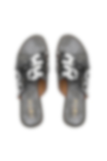 Grey & Silver Hand Embroidered Laser Cut Flats by Leonish By Nidhi Sheth