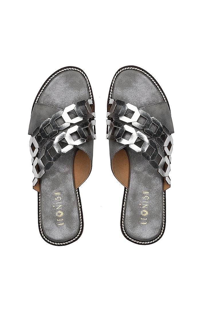 Grey & Silver Hand Embroidered Laser Cut Flats by Leonish By Nidhi Sheth