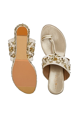 Ivory Hand Embroidered Kolhapuri Wedges by Leonish By Nidhi Sheth
