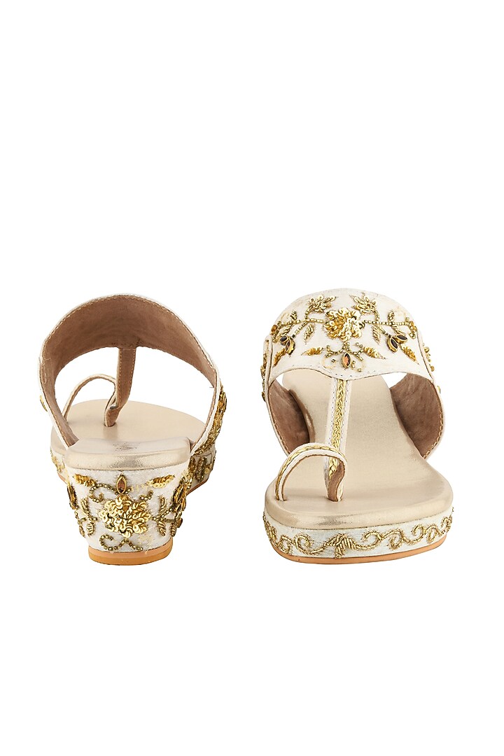 Ivory Hand Embroidered Kolhapuri Wedges by Leonish By Nidhi Sheth at Pernia's Pop Up Shop