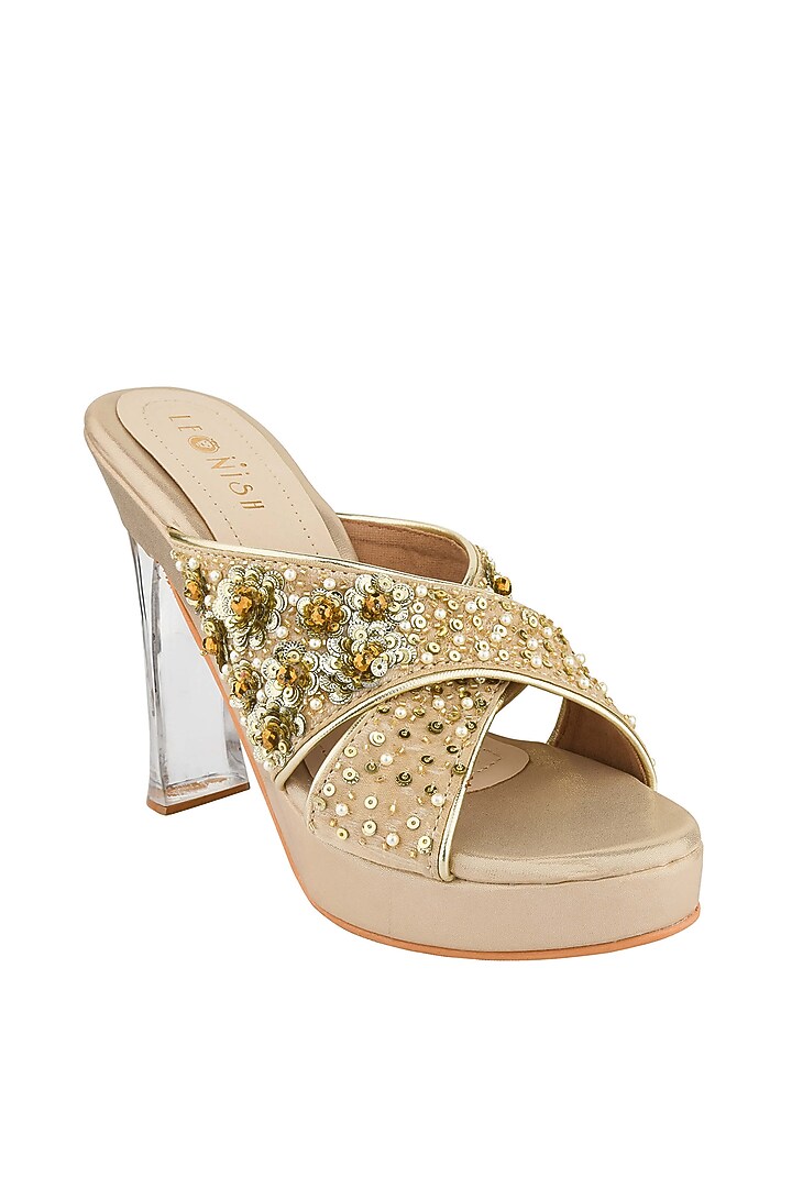 Light Gold Hand Embroidered Platform Heels by Leonish By Nidhi Sheth at Pernia's Pop Up Shop