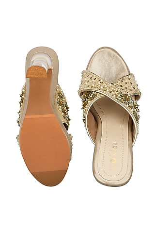 Light Gold Hand Embroidered Platform Heels by Leonish By Nidhi Sheth
