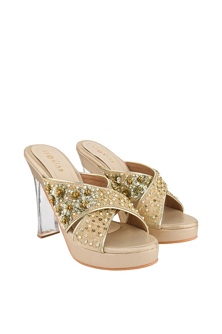 Light Gold Hand Embroidered Platform Heels by Leonish By Nidhi Sheth at Pernia's Pop Up Shop
