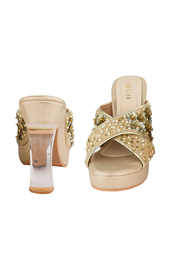 Light Gold Hand Embroidered Platform Heels by Leonish By Nidhi Sheth at Pernia's Pop Up Shop
