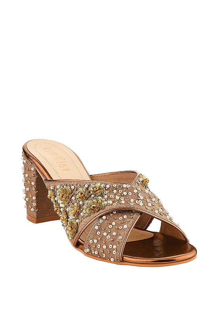 Light Coffee & Rust Hand Embroidered Block Heels by Leonish By Nidhi Sheth at Pernia's Pop Up Shop