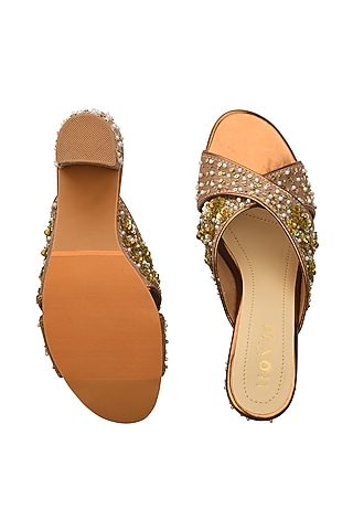 Light Coffee & Rust Hand Embroidered Block Heels by Leonish By Nidhi Sheth