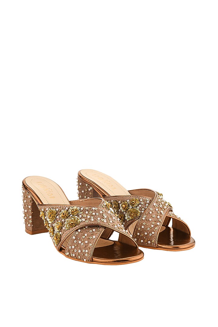 Light Coffee & Rust Hand Embroidered Block Heels by Leonish By Nidhi Sheth at Pernia's Pop Up Shop