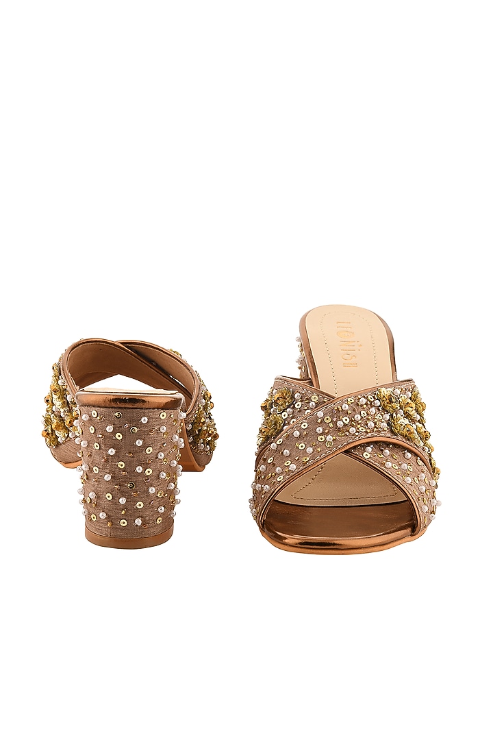 Light Coffee & Rust Hand Embroidered Block Heels by Leonish By Nidhi Sheth at Pernia's Pop Up Shop