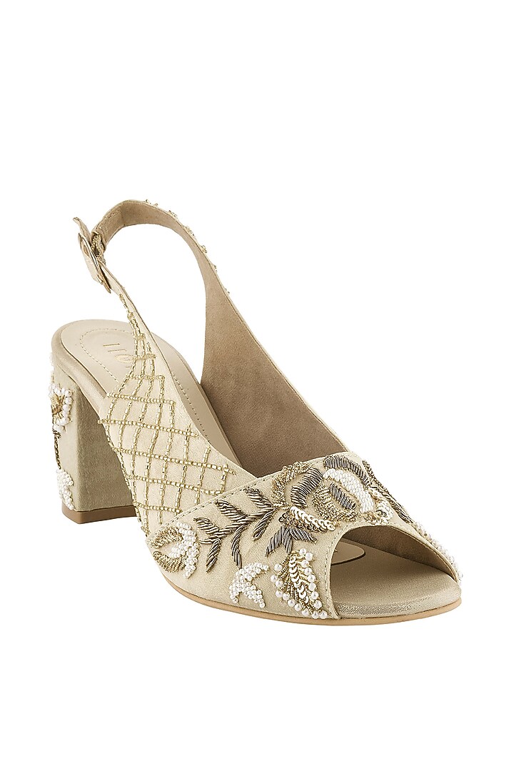 Light Gold Hand Embroidered Wedges by Leonish By Nidhi Sheth at Pernia's Pop Up Shop