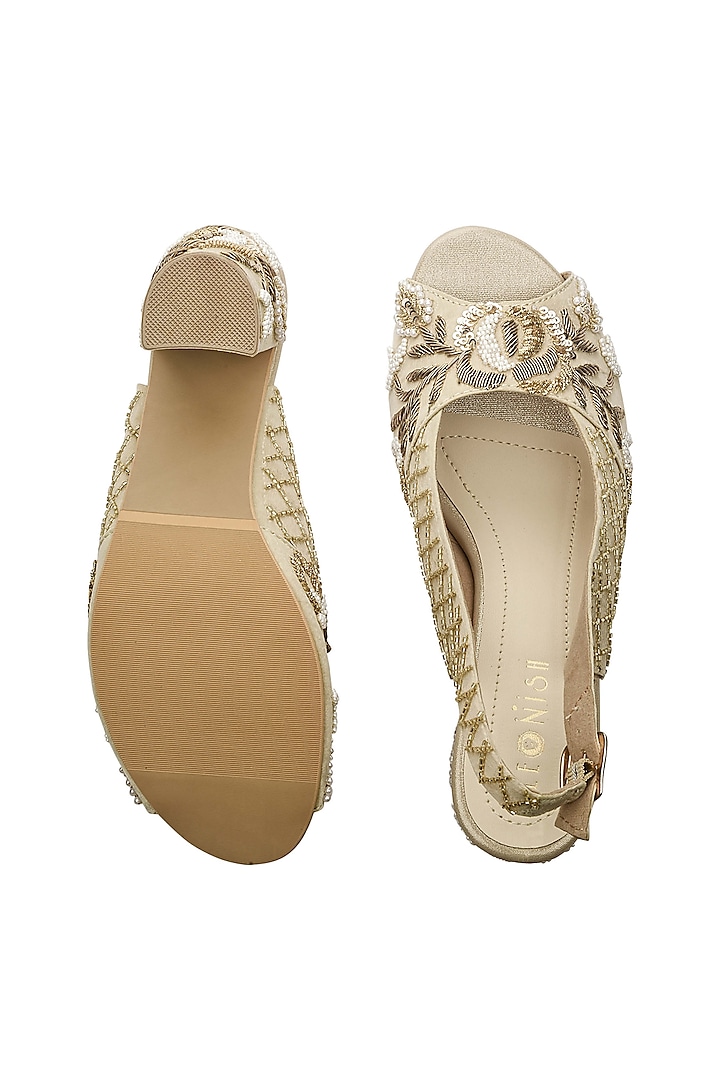 Light Gold Hand Embroidered Wedges by Leonish By Nidhi Sheth