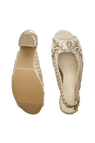 Light Gold Hand Embroidered Wedges by Leonish By Nidhi Sheth